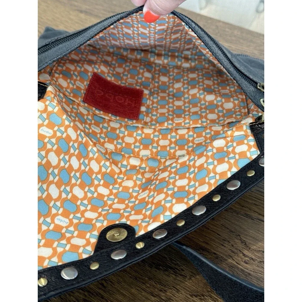 HOBO The Original Black Leather Studded Shoulder Bag Asymmetrical Flap Lined - Picture 8 of 14